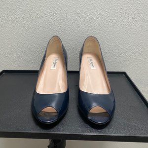 LK Bennett Navy Patent Peep-toe Wedge Heels